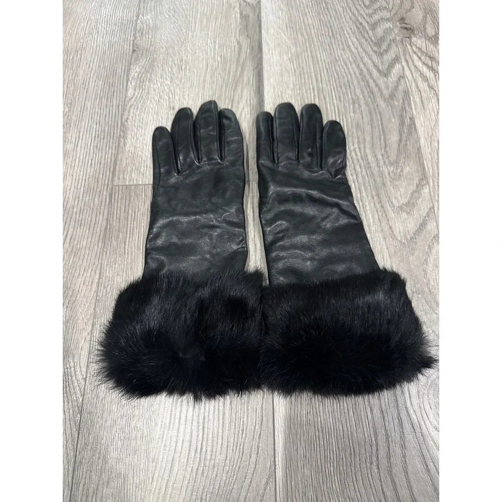 Womens Black Leather Gloves with Faux Fur Trim Knit Lining Size M 7.5 Winter